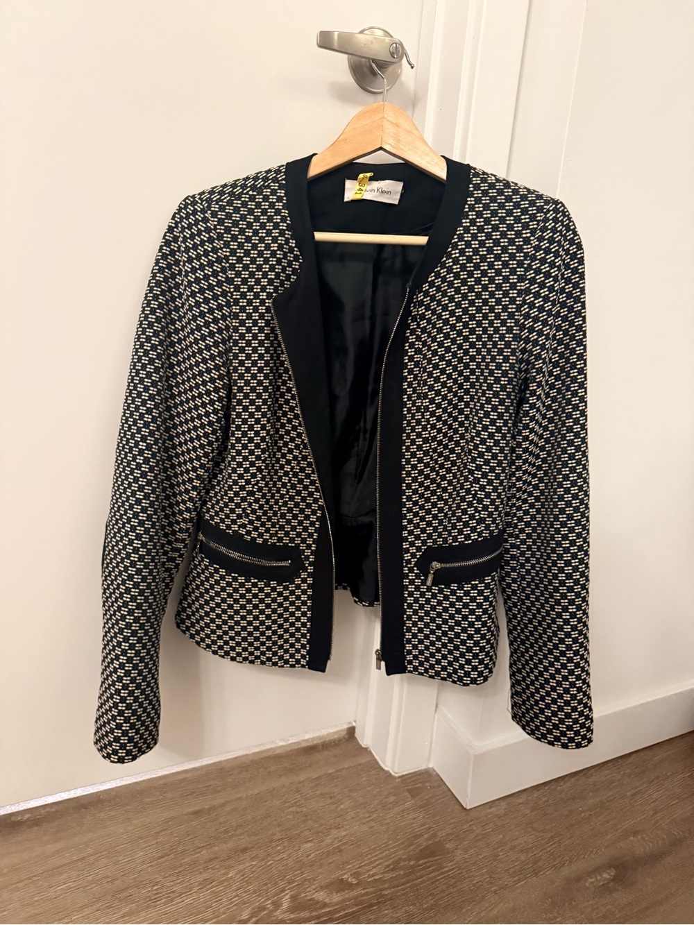 Calvin Klein Black and Cream Textured Zip-Front Jacket
